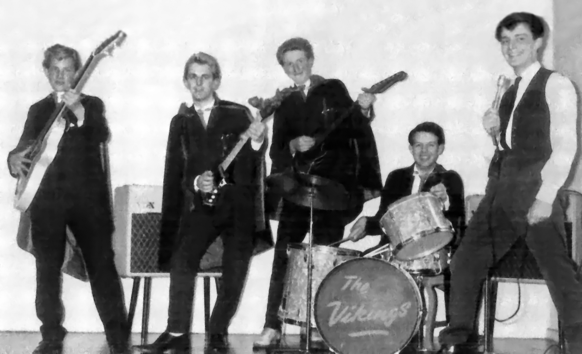 My first group The Vikings - I'm second from the left. The tall lad in the middle is my long-term pal Gordon Staniland, referred to in my text as being the one that first got us together to start the band. The singer, on the right, is another mate, Ron Frisby; he and I are now actually back performing together (after about 54 years) in a little 4-piece rock'n'roll band called Rainbow Days. The name refers back to the times the local bands spent in the Rainbow Café in Grantham on Sunday afternoons listening to the latest hits on the juke box after their Saturday night's gigs. Note my blond hair; I'd had it peroxided almost Jayne Mansfield-blonde, but it had started to look a bit darker by the time the picture was taken!! Photograph lent by Mike Bacon