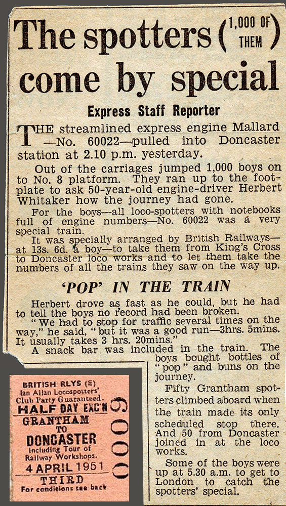 Cutting from 'The Daily Express', Thursday 5th April 1951. The ticket, used on the excursion by someone who joined the train at Grantham, is from the John Debens Ticket Collection.