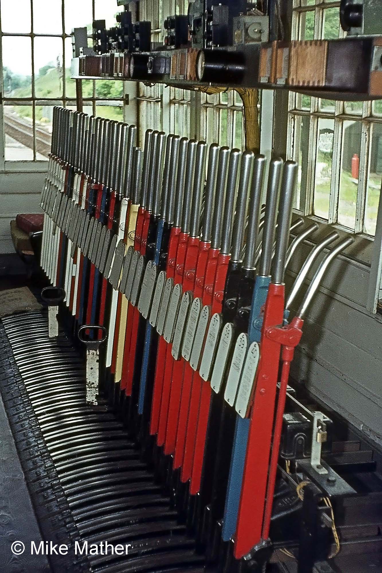 High Dyke signal box lever frame, June 1974. Photograph by Mike Mather