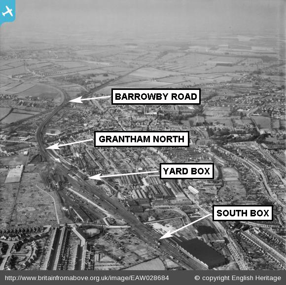 The sites of Grantham's four signal boxes are shown on this aerial view of 19th April 1950. The names are those carried on the nameboards of each of the boxes. In the case of the Yard Box and the South Box these were not the same as the boxes' official names, Grantham Yard and Grantham South.