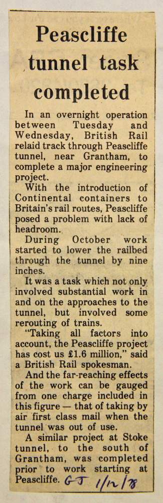 The enlargement works at Stoke and Peascliffe tunnels were completed on schedule by December 1978 as announced here in The Grantham Journal. From the Local Studies Collection at Grantham Library.
