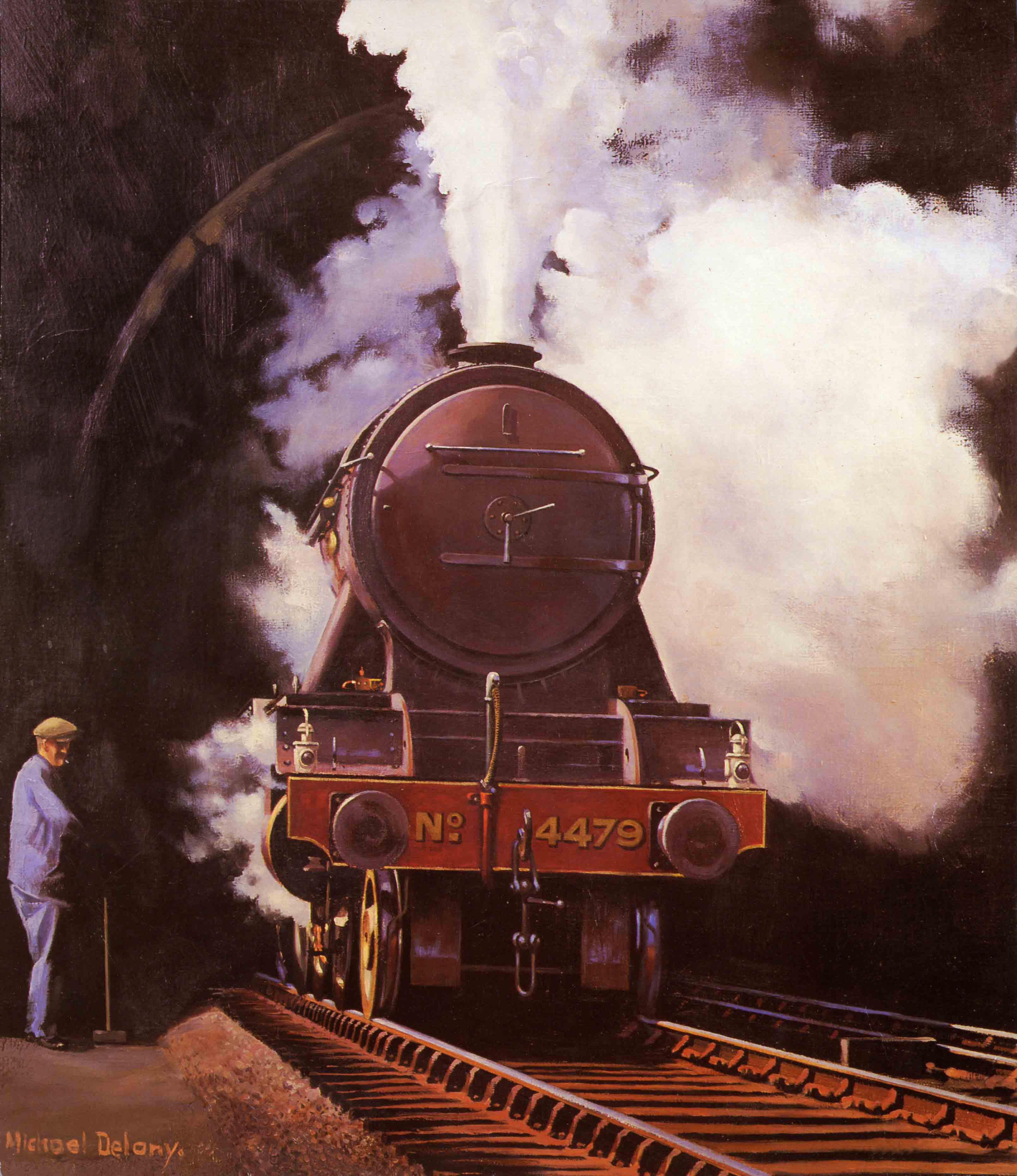 Boris Bennett, who kindly gave me a print of this painting, wrote: Class A1 No. 4479 'Robert the Devil' was built at Doncaster in 1923. She was allocated to Grantham shed in July 1923 and remained there until January 1942 when she was transferred to New England shed (Peterborough). Returning to Grantham from October 1942 she went to King's Cross in October 1946 and came back to Grantham for the last time in September 1951. Then back to King's Cross in June 1957 and withdrawn in May 1963. Whilst at Grantham she was kept in pristine condition and allocated to all the top drivers. At the time I started at Grantham in November 1939 she was allocated to driver W. Carman and fireman Rodgers, still in beuatiful condition. She is seen here rebuilt to class A3 as she leaves Copenhagen Tunnel with a Down express for Newcastle. From a painting by Michael Delany.