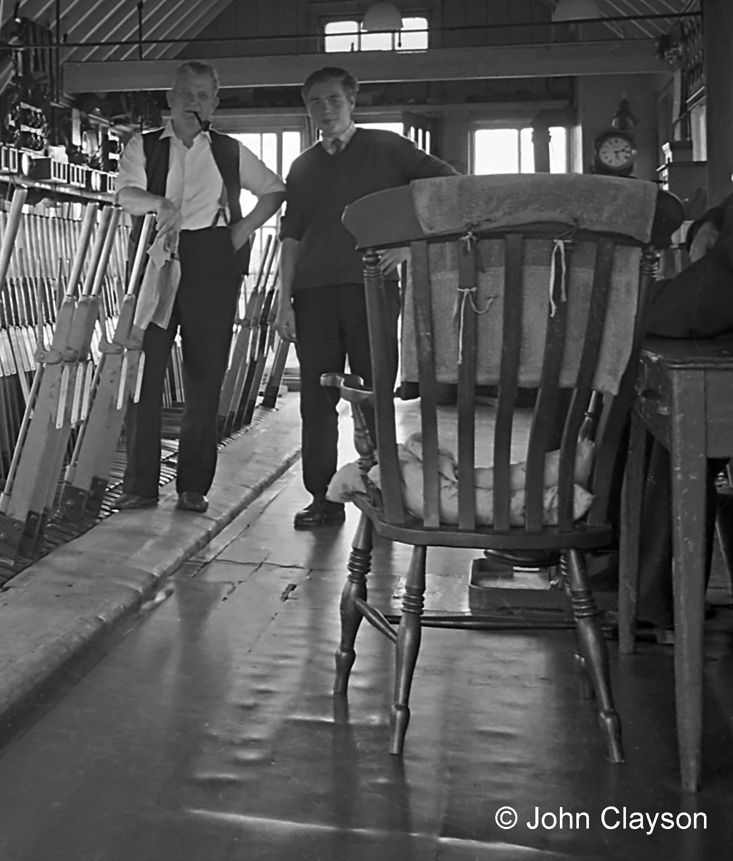 Signalman Albert Eldridge and his Tele Lad Dennis Gray on 22nd August 1963. John Pegg told me that the wooden armchairs in each box were usually placed close to the fire or stove, especially in winter. The joints dried out and became loose, so they often needed to be ‘reinforced’ to hold them together. Strands of signal wire were wound round the legs and arms and tightened, like a tourniquet, to keep the chairs in one piece. Photograph by Cedric A. Clayson.