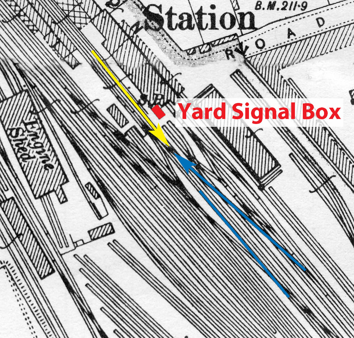 This diagram shows how the two trains collided. The Manchester to London train (yellow arrow) left the station. The goods locomotve (blue arrow) was hauling wagons from No.2 siding to the Down Main line, where it had left its train (also blue) while it collected the wagons from Grantham goods yard.