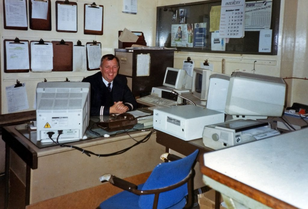 John Starbuck is in the Station Supervisors' office in October 1990. Photograph lent by John Starbuck.