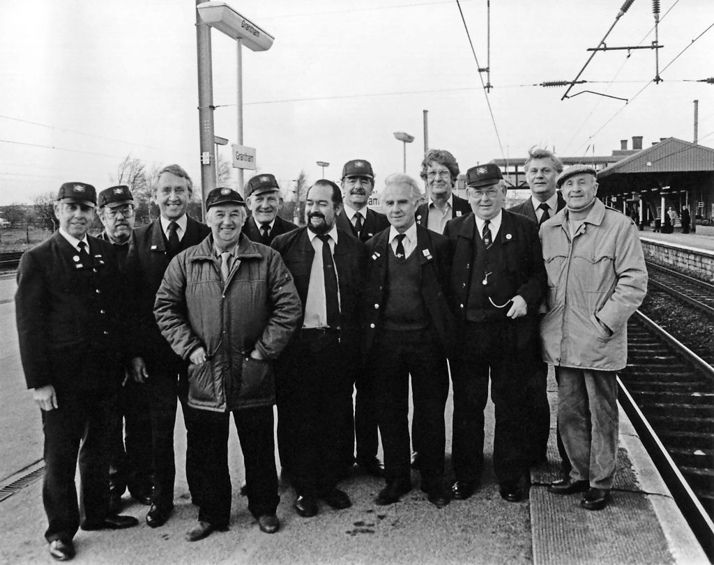 Drivers based at Grantham in May 1990: Back row: Pete Nicholls (Examiner), Maurice Massingham, Jack Tuckwood, Ray Green, M. (Hodge) Collingwood, Roy Evans. Front row: Michael A. (Ma) Brown, Fred Burrows (retired), John Phillips, Denis (Danny) Wright, John (Jock) Michael, Gerry Edwards (retired). Photograph kindly lent by Maurice Massingham.