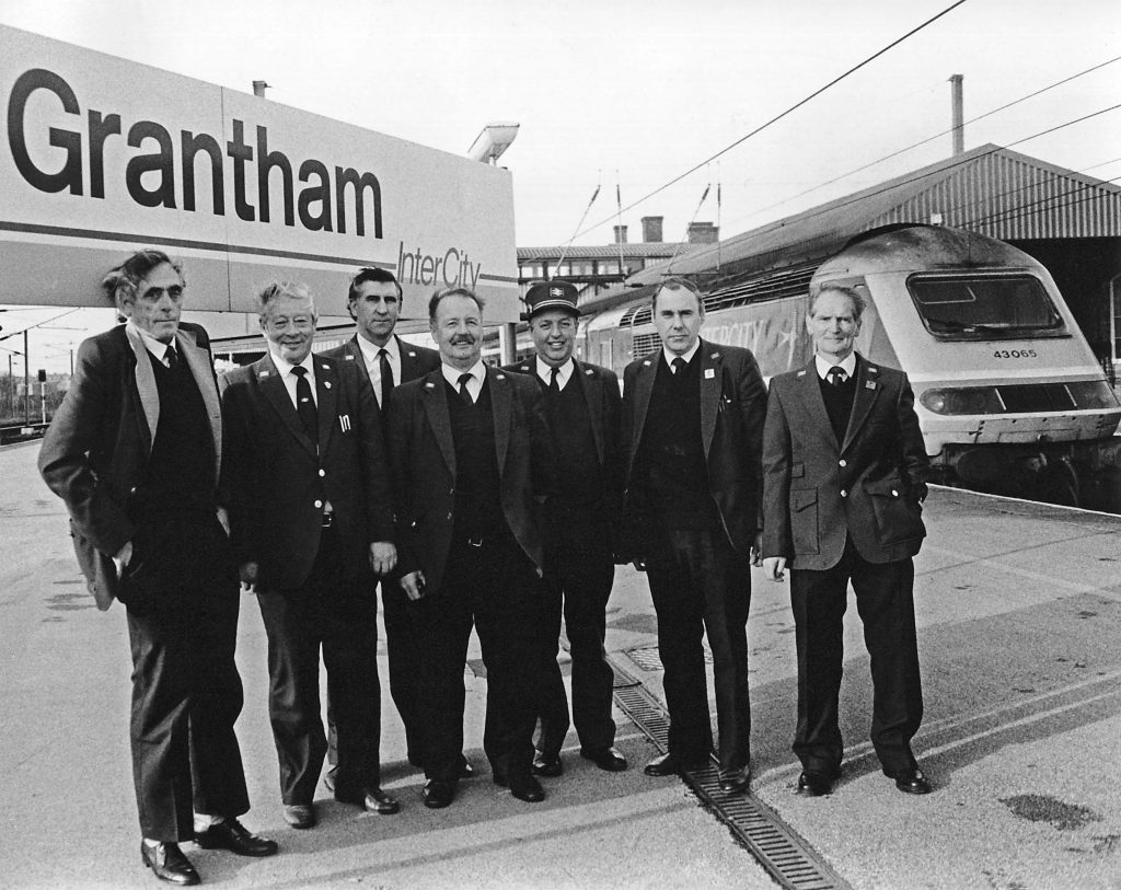 Guards based at Grantham in May 1990: Ron Dickinson, Dennis (Dick) Knight, Malcolm Denningberg, Archie Selley, John Starbuck (Station Supevisor), Geoff Munton, Dennis Flear. Photograph kindly lent by Maurice Massingham.