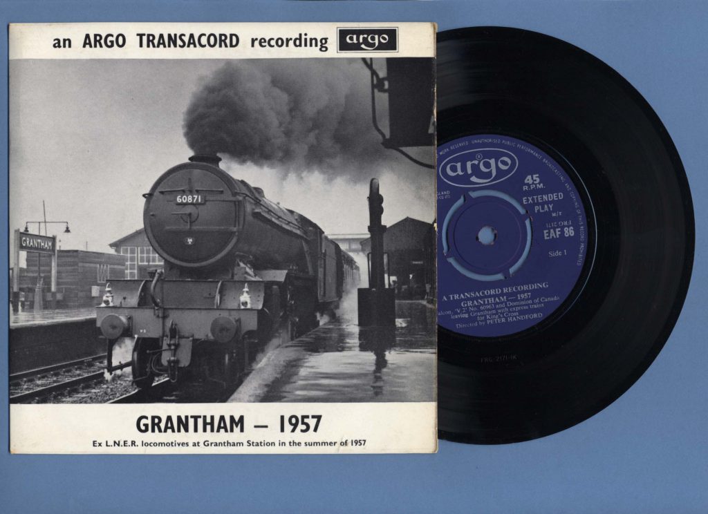One of Colin Walker's atmospheric photographs aptly illustrates the cover of this 7-inch EP (Extended Play) disc of evocative sounds of the steam railway recorded by Peter Handford at Grantham.